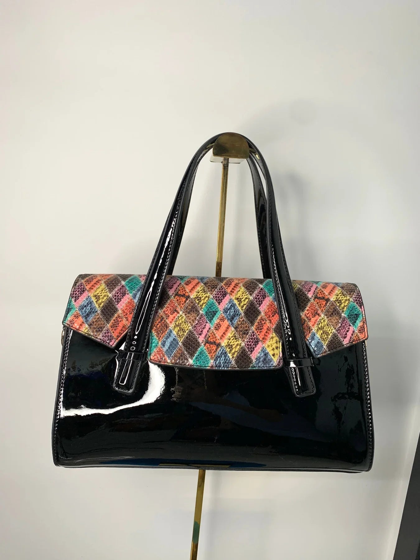 Colorful Checked Black Leather Bag